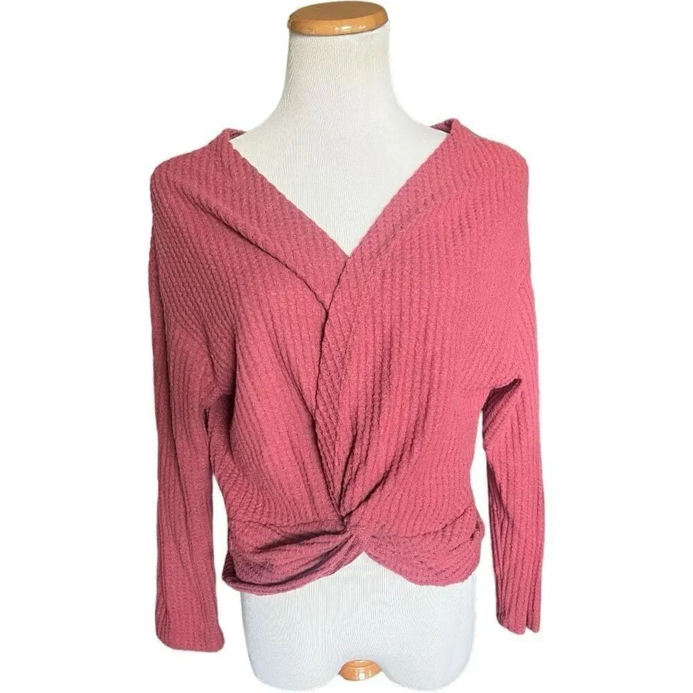Womens Popular Basics Thermal Knit Twist Front Blush Long Sleeve Top - Sz XL